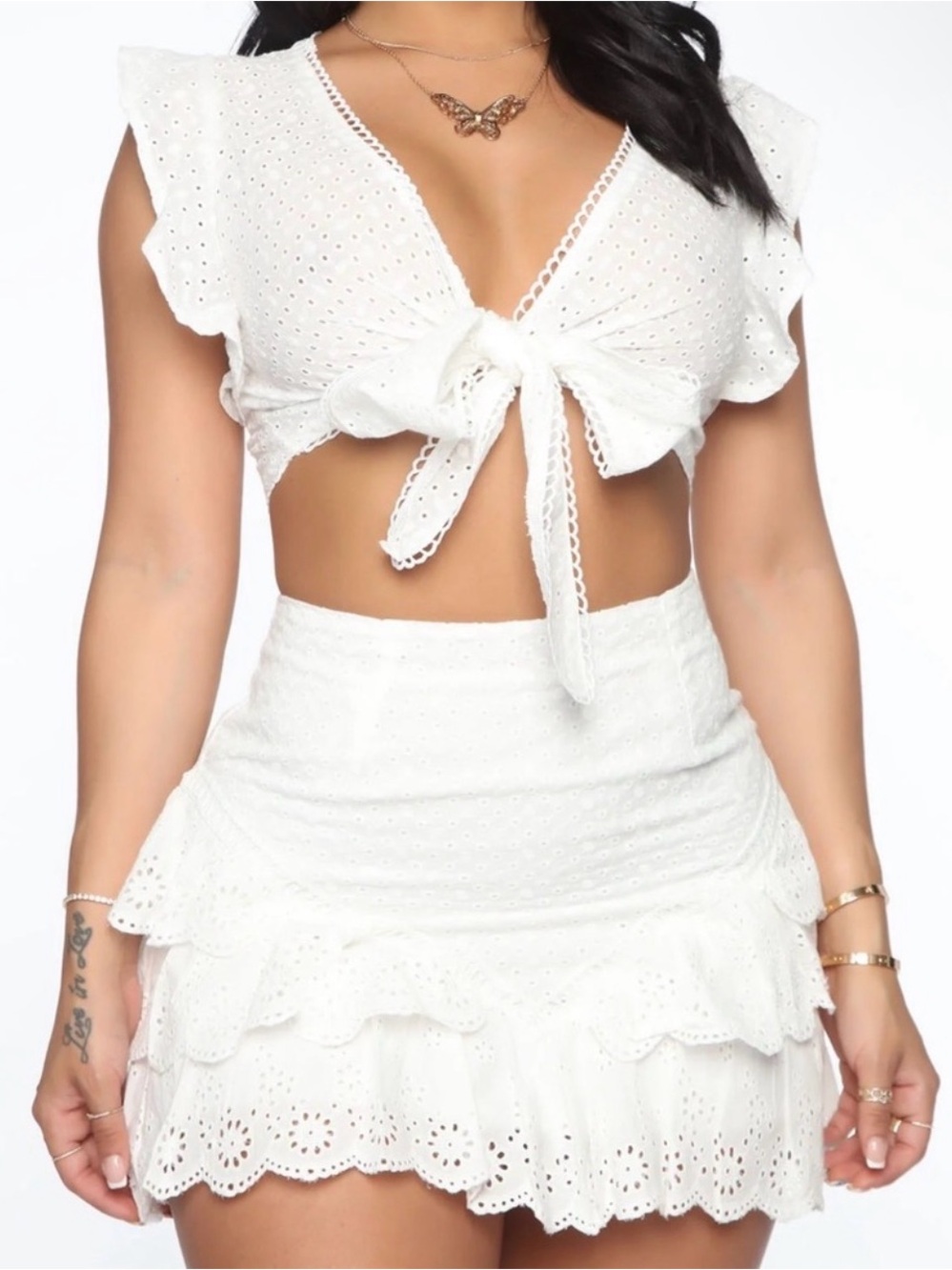 Fashion Nova White Eyelet Ruffle Mini Skirt Set — Feminine Summer Two-Piece